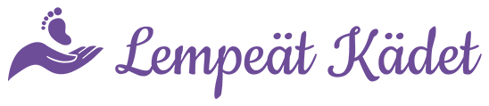 Violetti ”Lempeät Kädet” -logo, jossa on tyylitelty käsi, jalka ja spiraalimainen sydän valkoisella taustalla