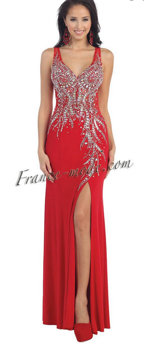 Robe de soirée rouge coquelicot et argenté