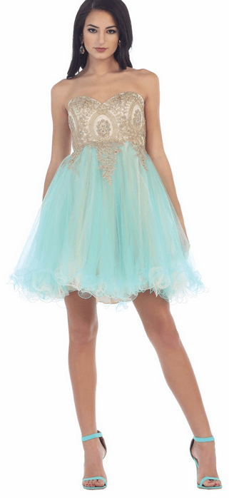 Robe courte - bustier dorée et robe turquoise
