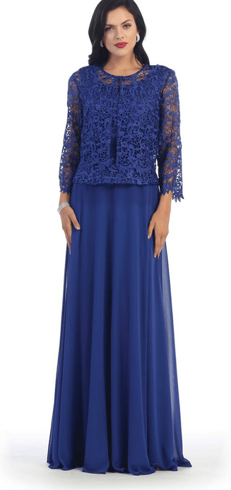Robe bleue saphir à dentelle et manches longues