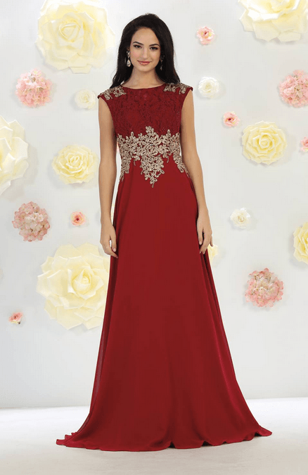 Robe sophistiquée rouge bordeaux et dorée à dentelle