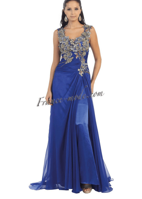 Robe de soirée bleu saphir - motif fleuri argenté