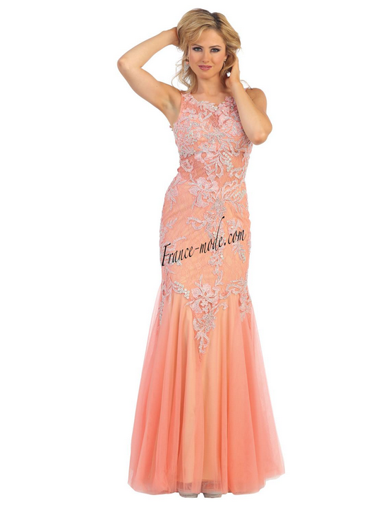 Robe de soirée - rose saumon à dentelle blanche