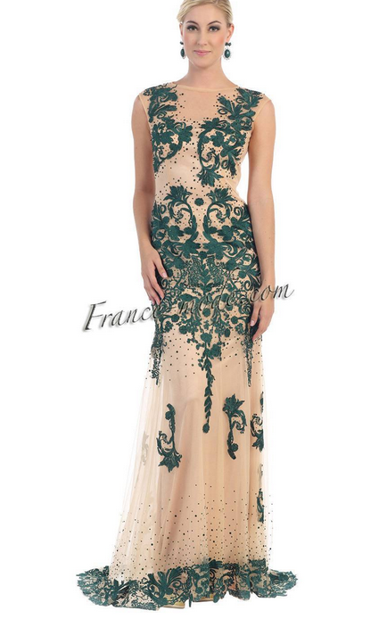 Robe de soirée - verte émeraude et beige clair