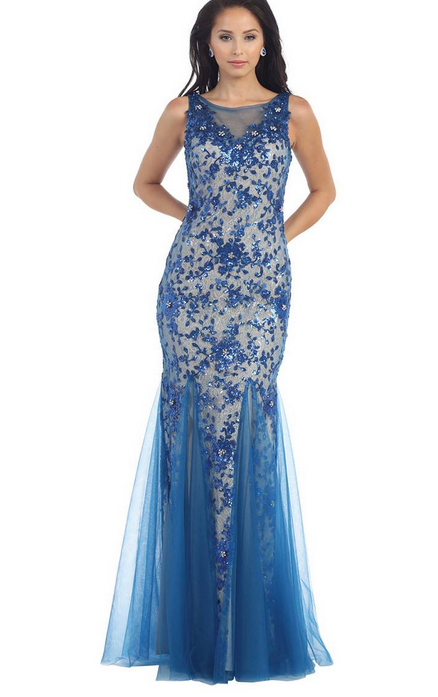 Robe de soirée bleu roi - motif fleuri