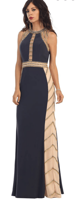 Robe de soirée bleu de minuit et beige clair