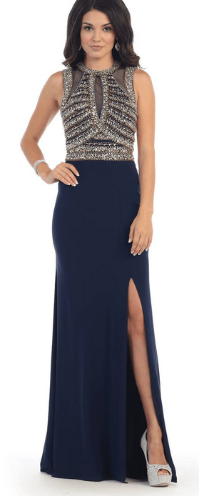 Robe de soirée fendue - bleu de minuit et argenté