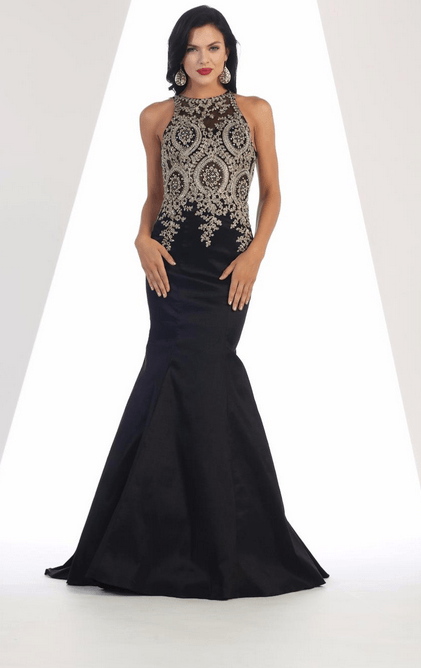 Robe de soirée noire à dentelle grège