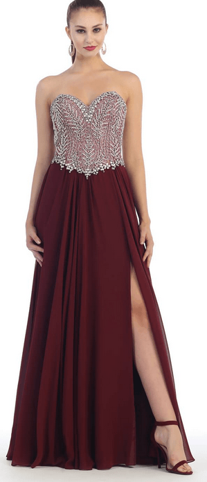 Robe de soirée rouge bordeaux à bustier argenté