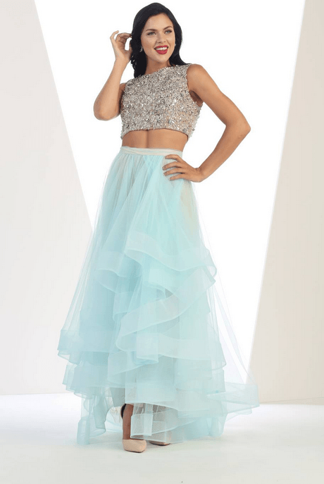 Robe de soirée deux pièces : bleu dragée et argentée