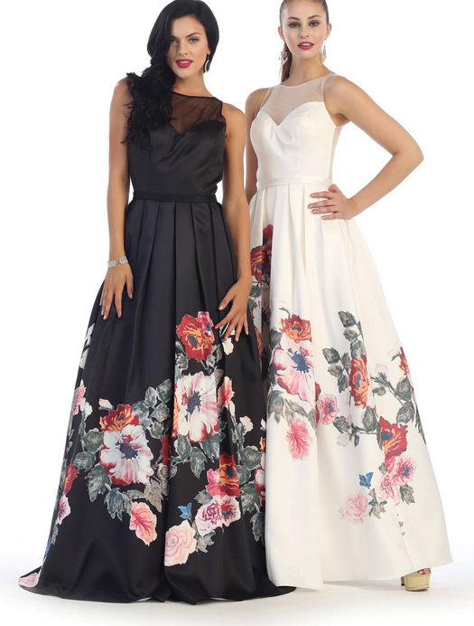 Robe de soirée noire et blanche fleurie