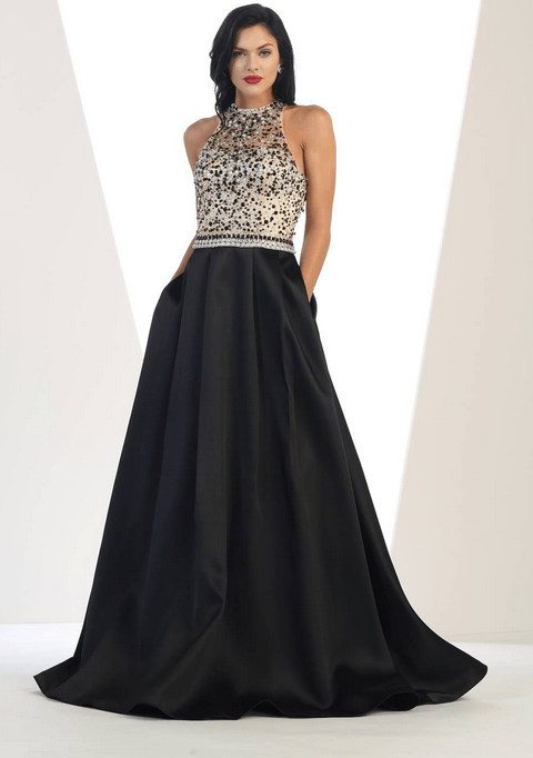 Robe de soirée longue - noire et blanc ivoire