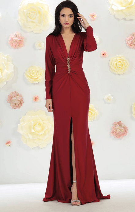 Robe de soirée rouge fendue à manches longues