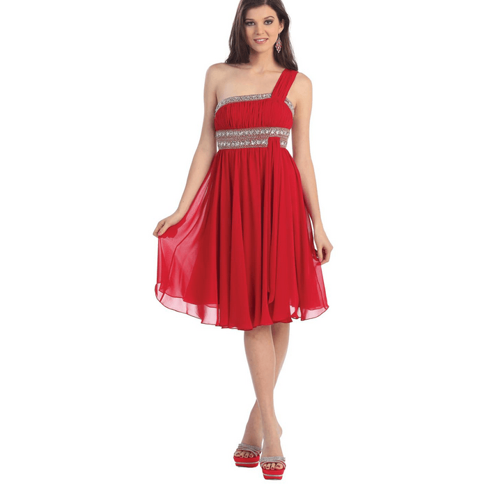 Robe asymétrique rouge et argentée