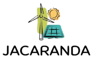 Logotipo de Jacaranda con una turbina e&oacute;lica verde estilizada, un sol y un panel solar sobre la palabra &ldquo;JACARANDA&rdquo;.