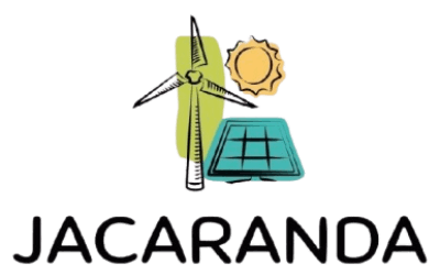 Logotipo de Jacaranda con una turbina e&oacute;lica verde estilizada, un sol y un panel solar sobre la palabra &ldquo;JACARANDA&rdquo;.