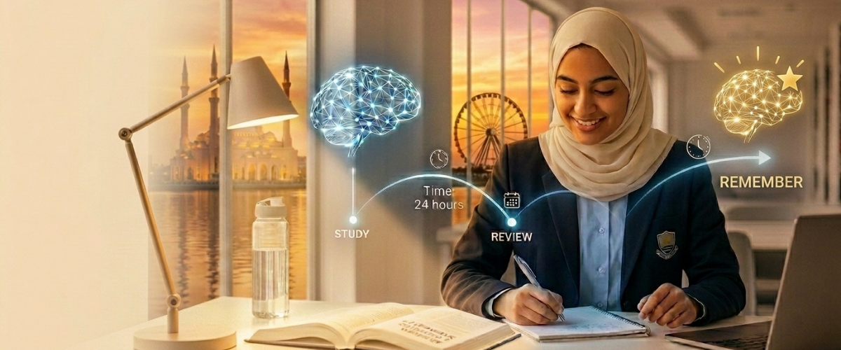 طالب يدرس باستخدام المراجعة المتباعدة لتقوية الذاكرة وتثبيت المعلومات