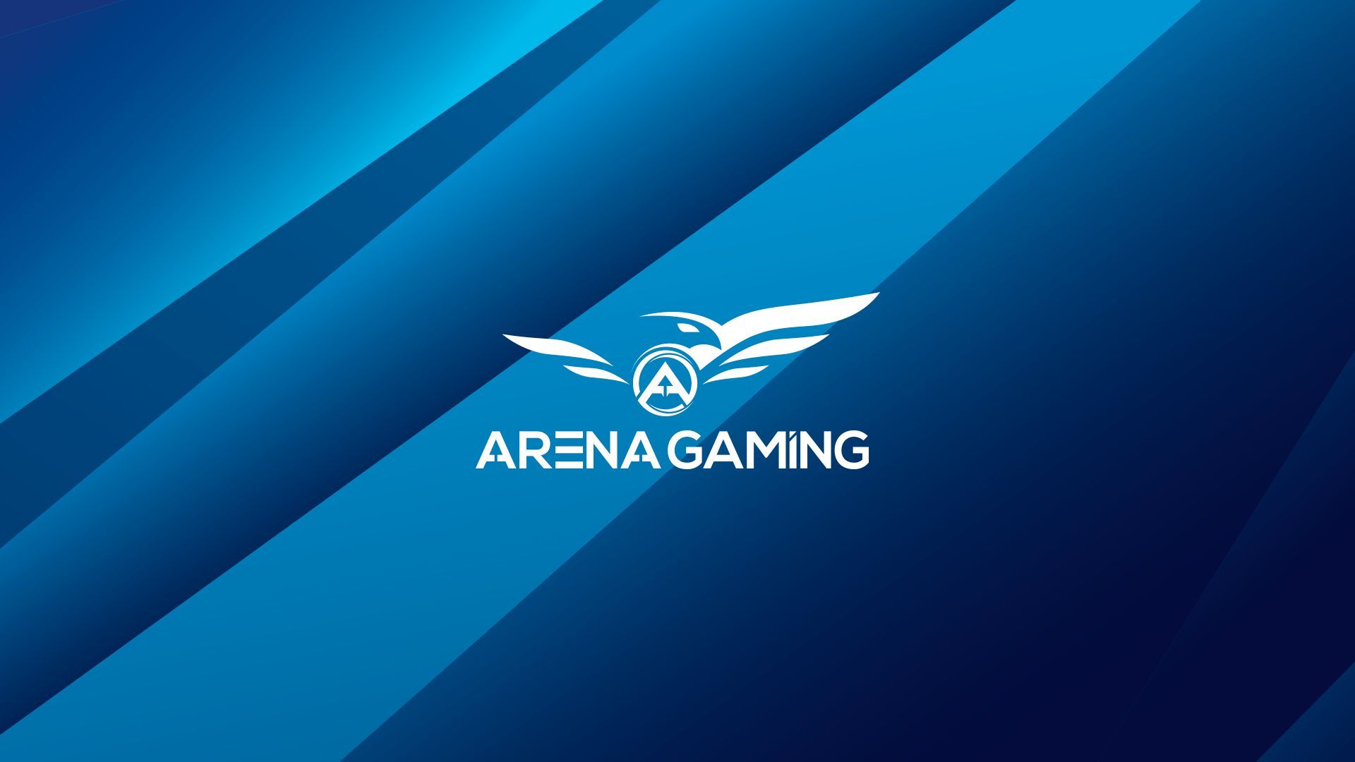 El logotipo de Arena Gaming sobre un fondo degradado azul presenta un águila con el nombre de la empresa.
