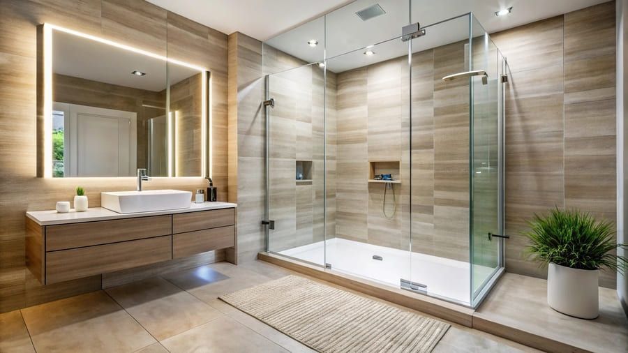 Salle de bains moderne avec douche en verre, meuble-lavabo en bois, grand miroir et murs carrelés beiges
