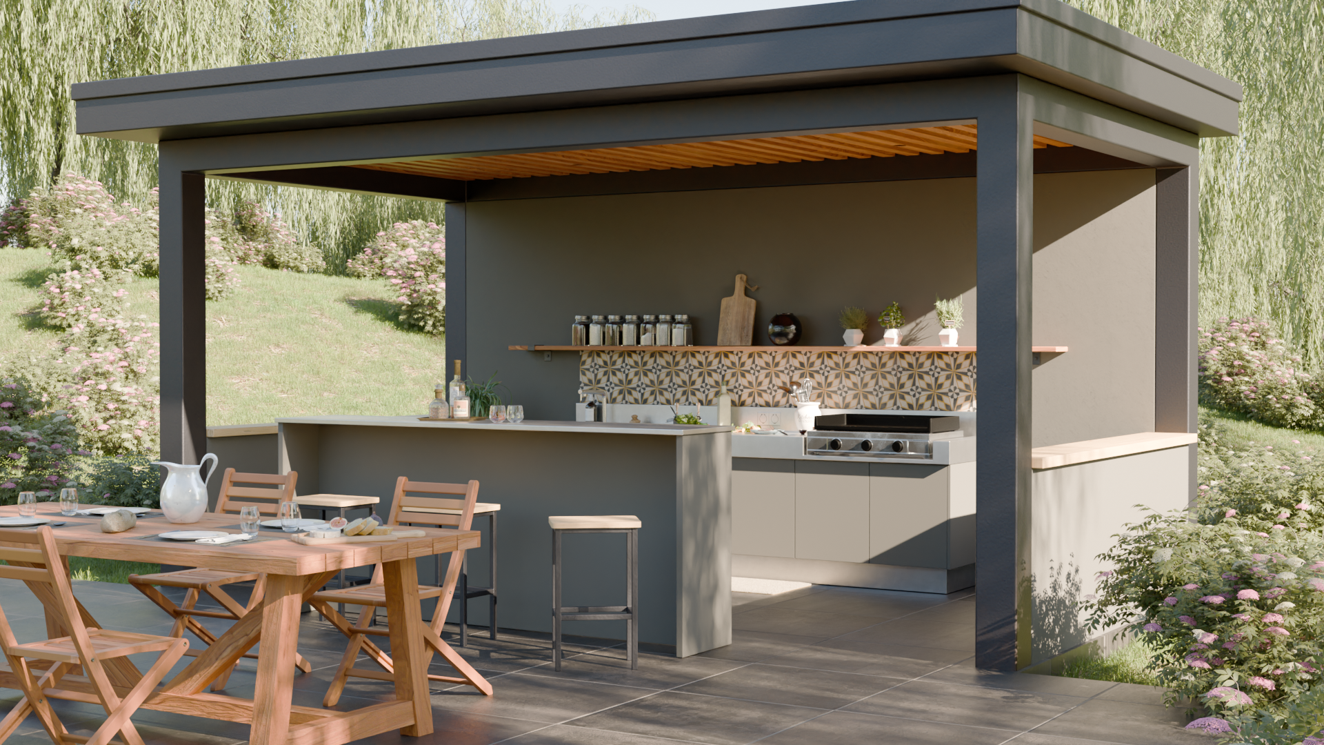 Cuisine extérieure en inox et en bois