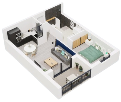 Plan en 3D d'un logement avec verrière