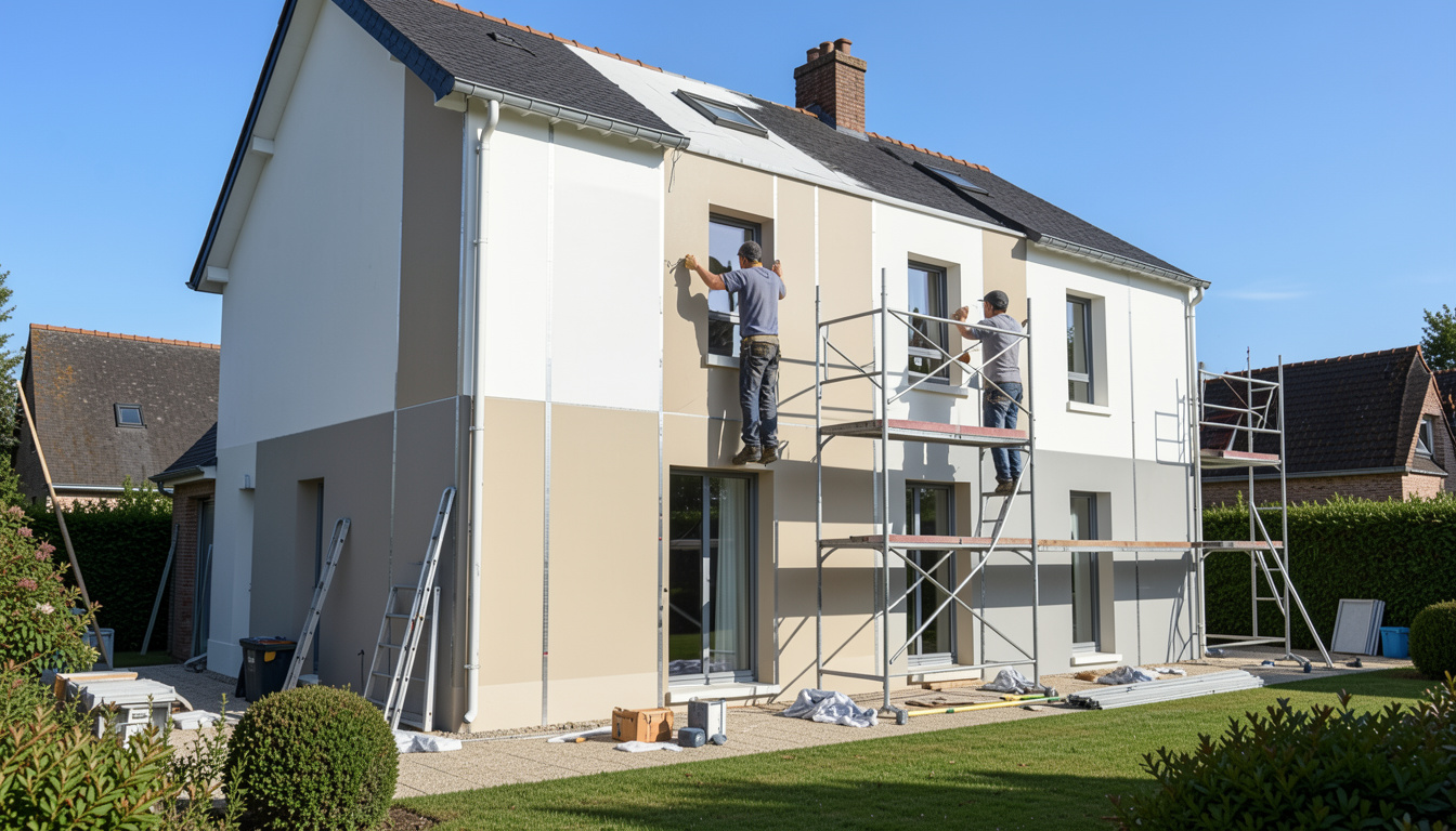 Maison à deux étages avec des ouvriers sur des échafaudages en train de peindre l'extérieur 