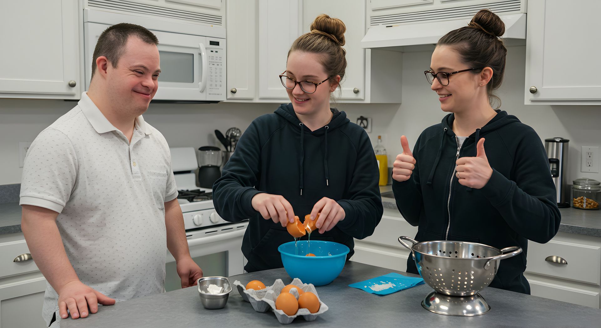 Trois personnes dans une cuisine en train de cuisiner : un homme atteint du syndrome de Down sourit tandis que deux femmes cassent des œufs.