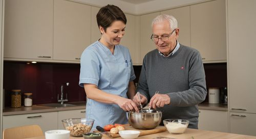 Une femme en tenue médicale aide un homme âgé à cuisiner. Ils sourient tous les deux et préparent les ingrédients à table.
