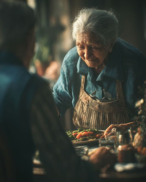 Une femme âgée en chemise bleue et tablier sert de la nourriture à une table.