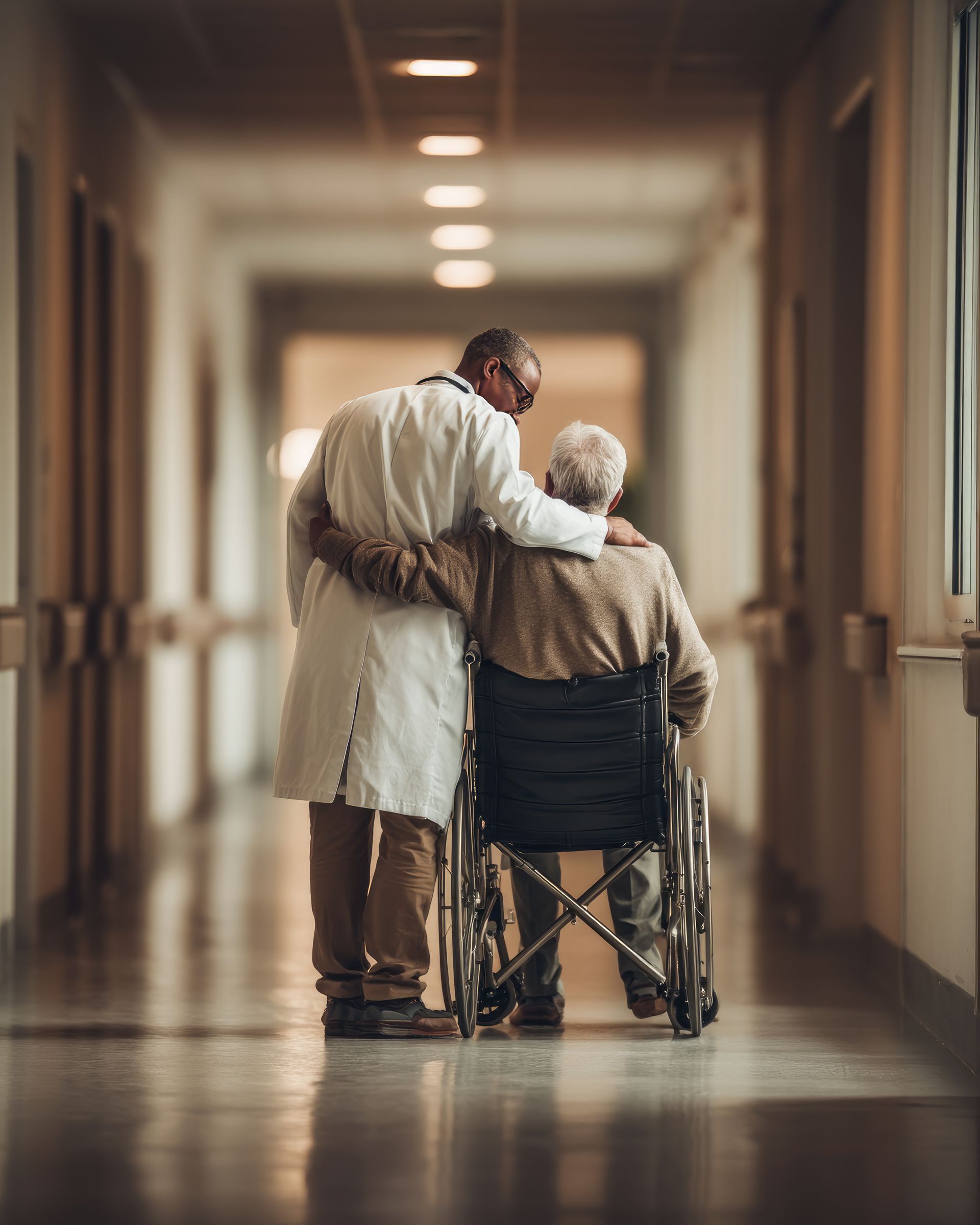 Médecin avec un bras autour d'une personne âgée en fauteuil roulant dans le couloir de l'hôpital.