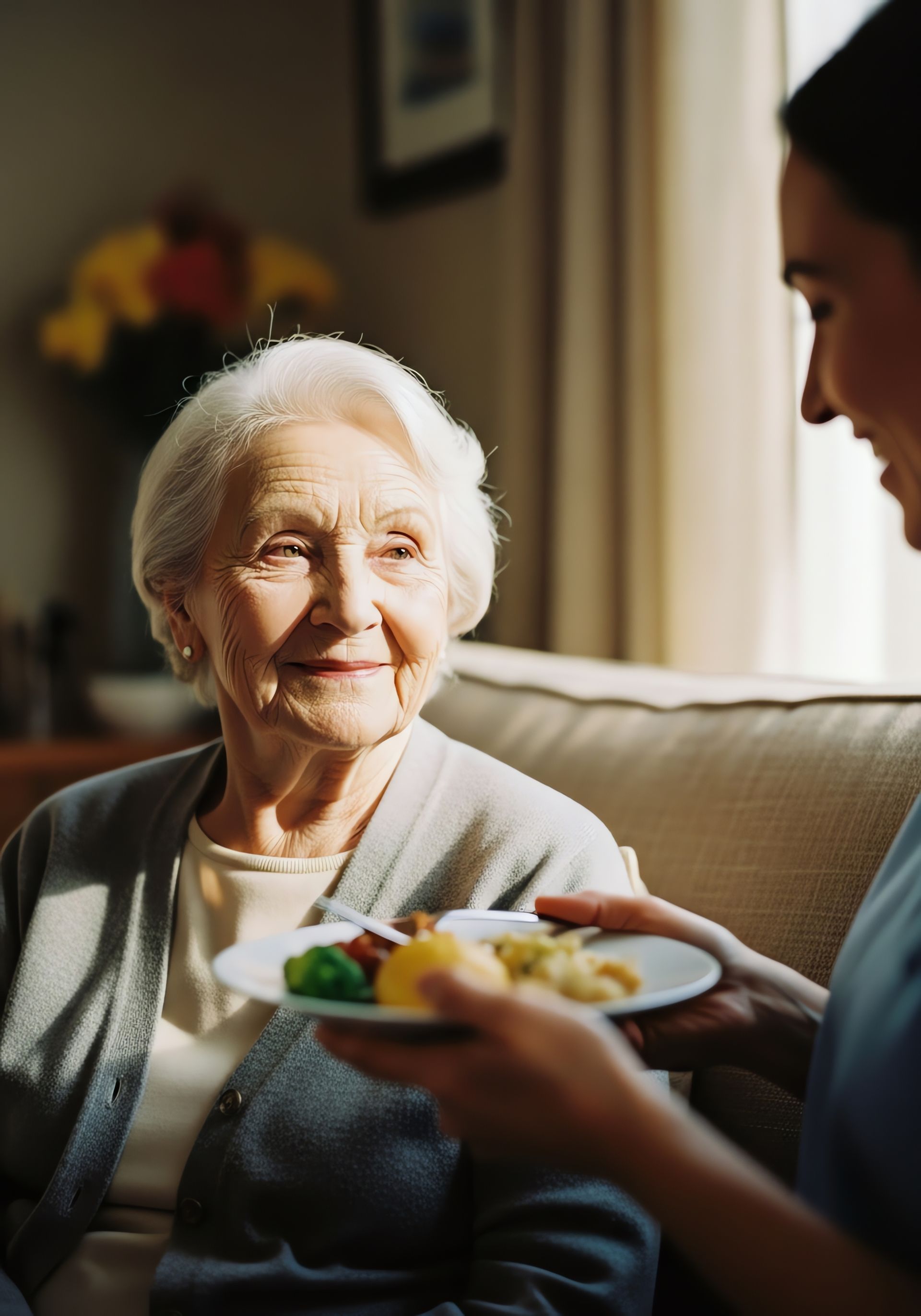 Une femme sourit à un soignant qui tient une assiette de nourriture à l'intérieur.