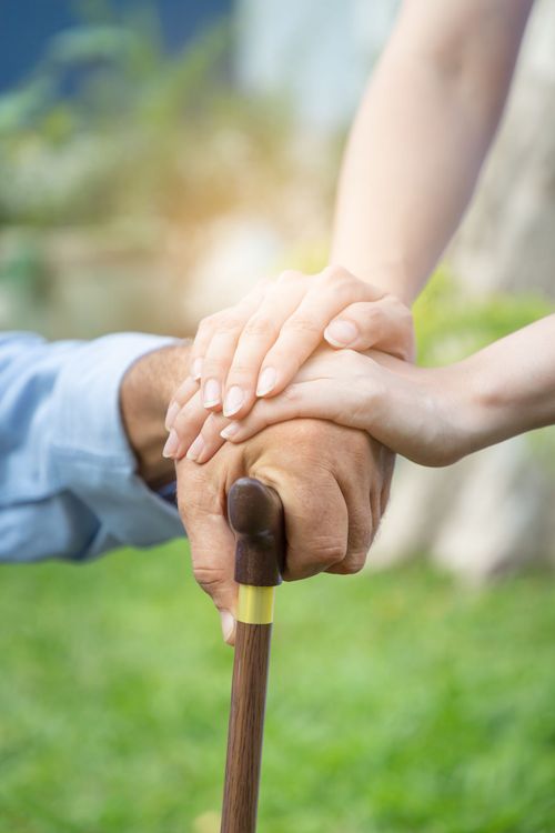 Des mains d'âges différents tenant une canne, montrant soutien et attention dans un cadre verdoyant.