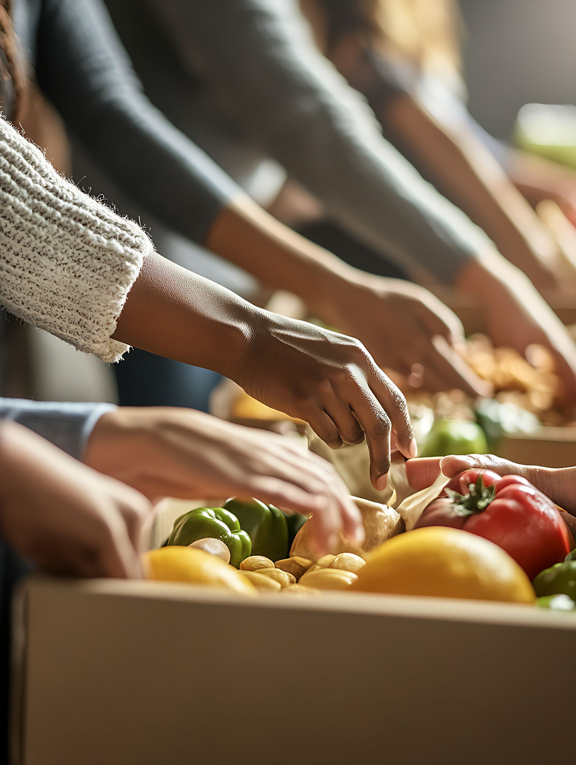 Les mains des gens trient des produits frais dans des boîtes, probablement pour être donnés ; concentrez-vous sur les produits tels que les poivrons, le citron et l'ail.