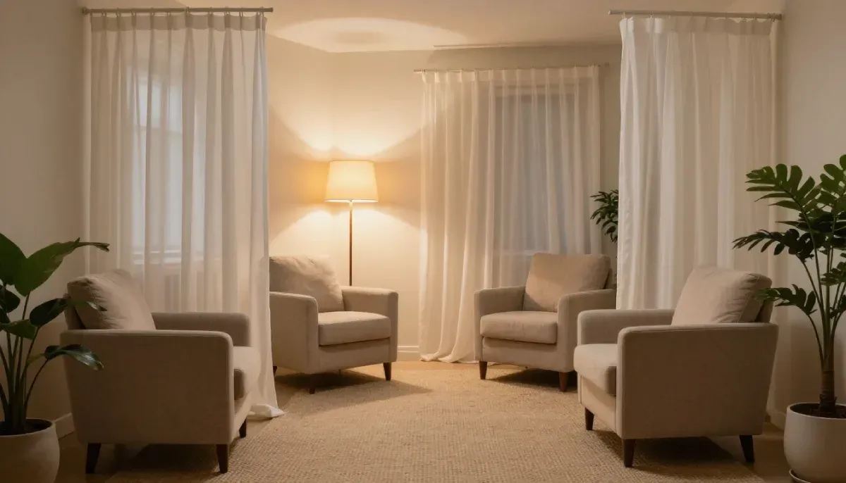 Cuatro sillones de color beige dispuestos en círculo en una habitación acogedora y con iluminación tenue