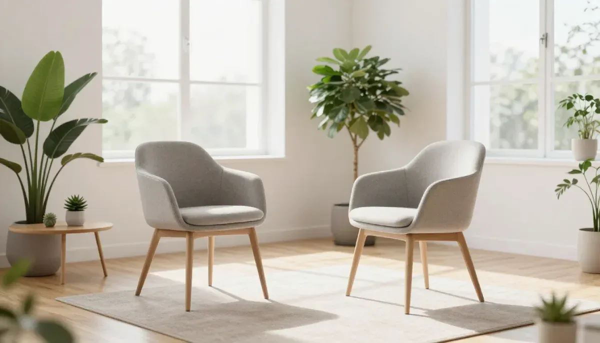 Dos sillones de color gris claro con patas de madera se encuentran uno frente al otro en una habitación luminosa
