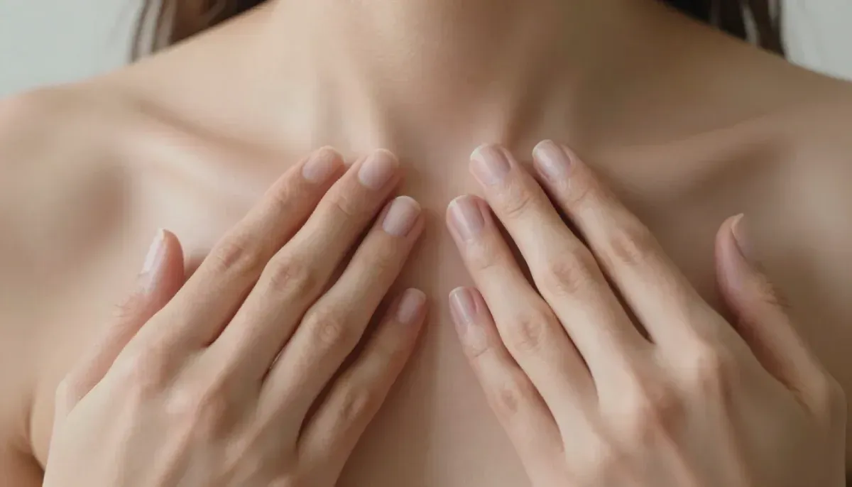 Primer plano de unas manos que tocan suavemente la piel de la parte superior del pecho y la zona de la clavícula.