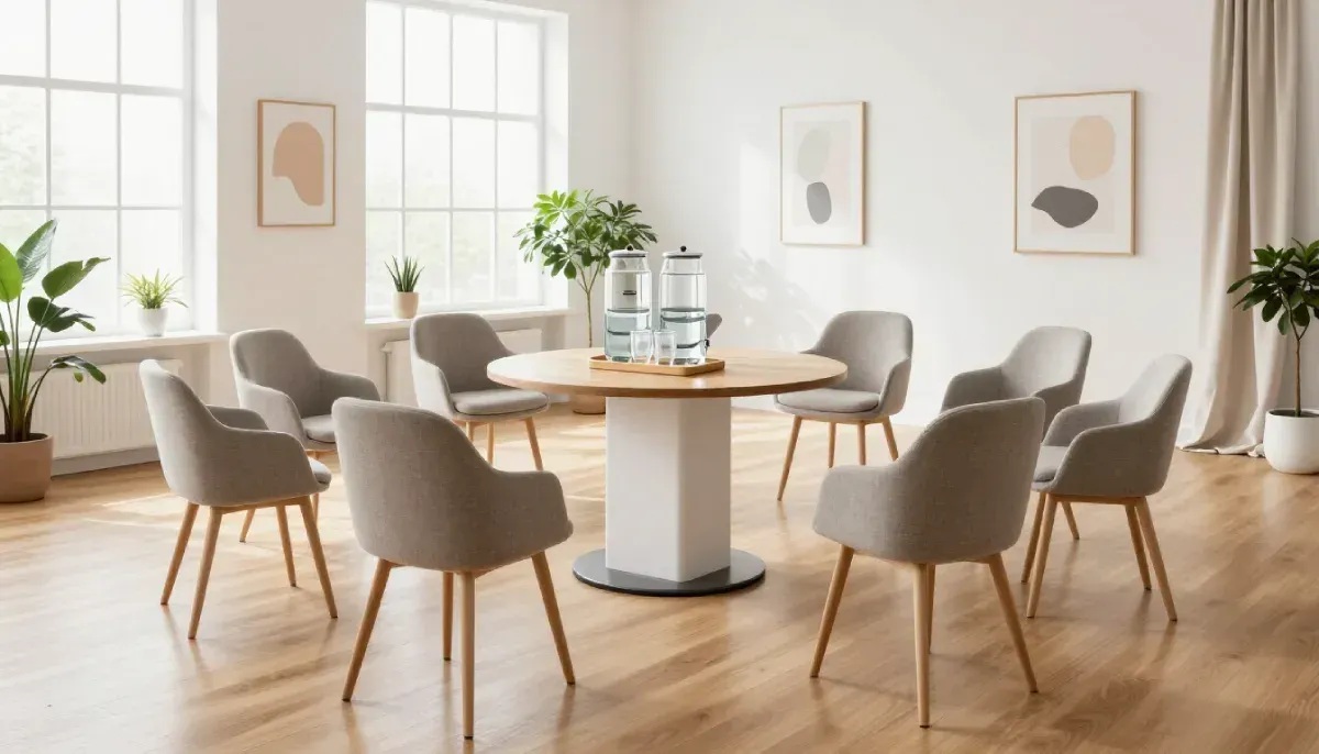 Una sala de conferencias moderna y luminosa con una mesa redonda de madera, base blanca y ocho sillas tapizadas