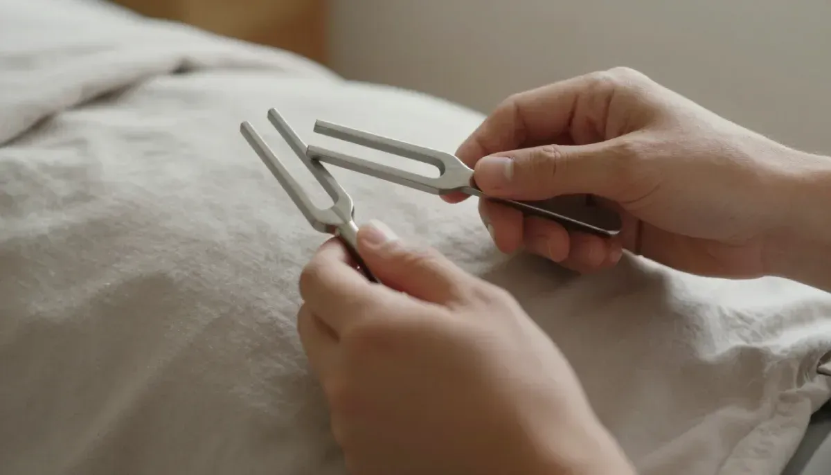 Dos diapasones de metal sostenidos con las manos sobre una superficie de tela de color neutro.