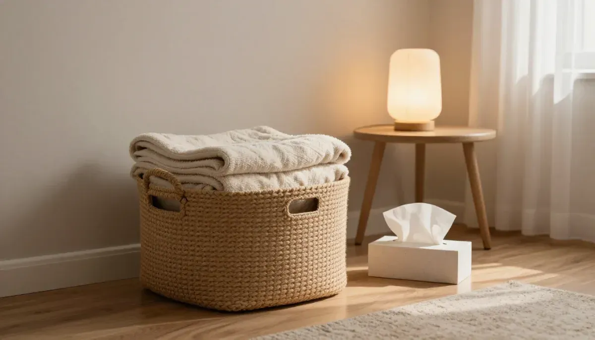 Una cesta de mimbre llena de mantas dobladas reposa sobre un suelo de madera junto a una pequeña mesa auxiliar
