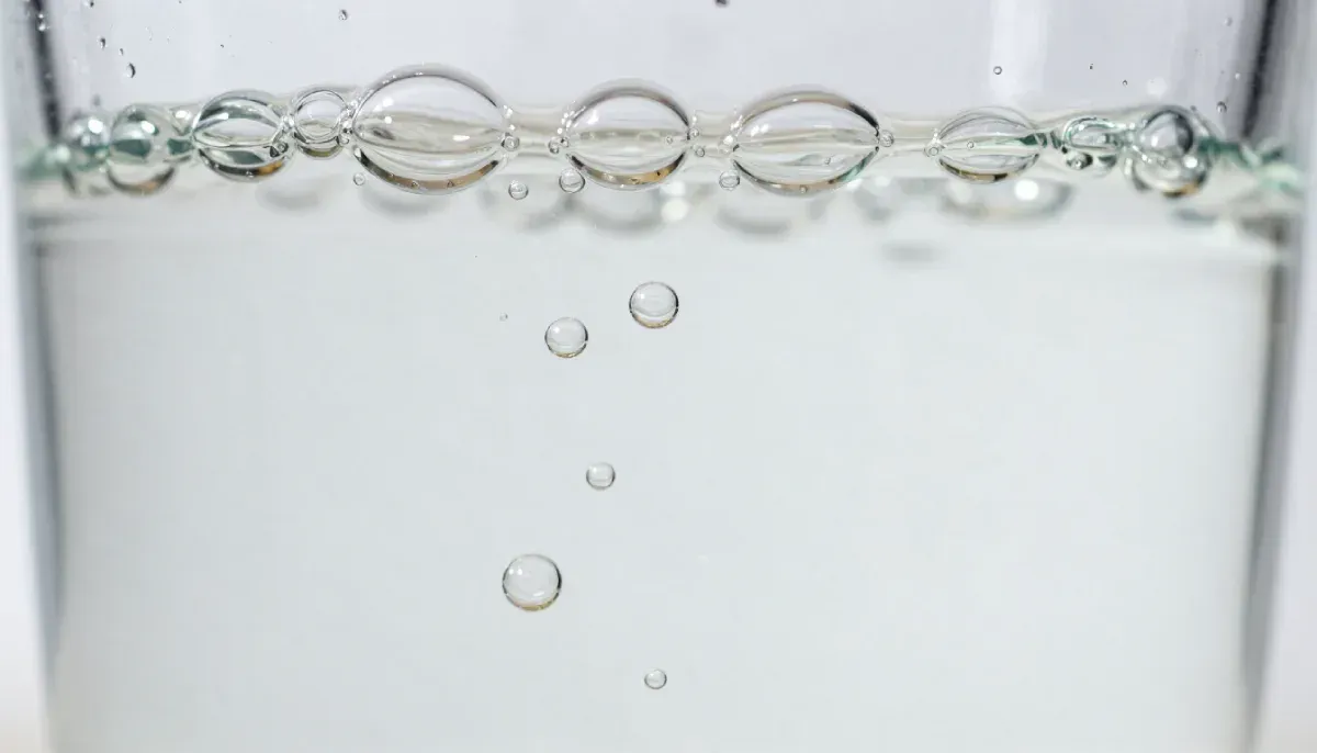 Vista de cerca de un vaso lleno de agua cristalina con gas que contiene numerosas burbujas pequeñas que ascienden.