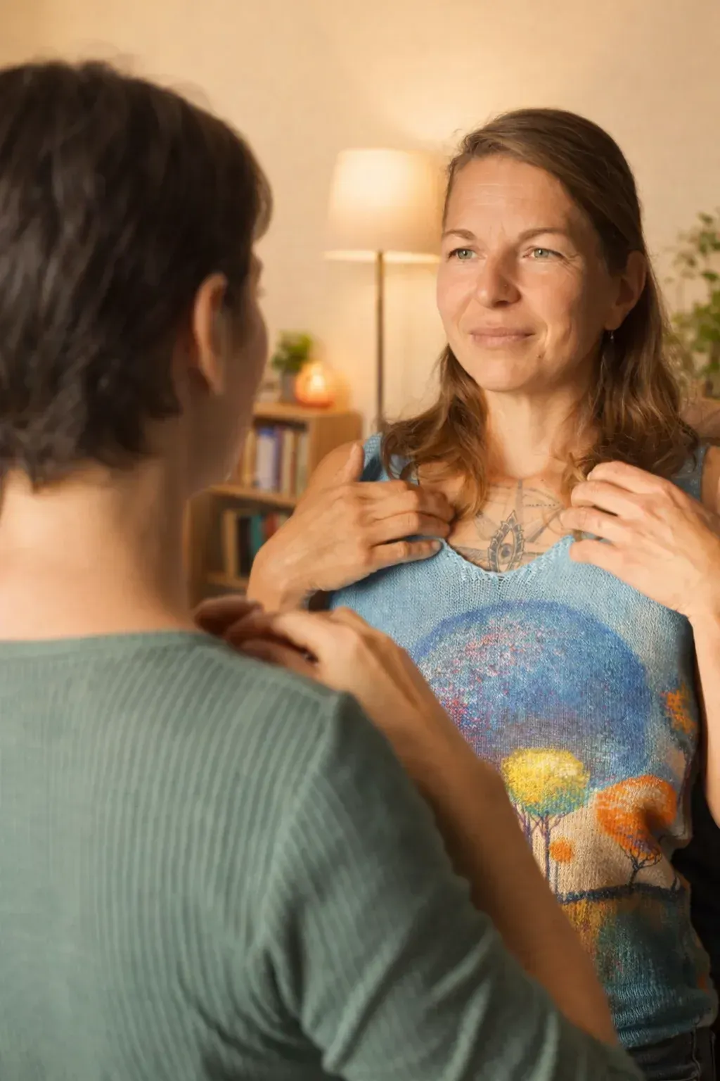 Dos personas permanecen de pie una frente a la otra en una habitación con poca luz, con las manos cerca del pecho