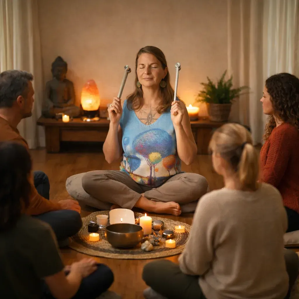 Un grupo se sienta en círculo para una sesión de sanación con sonido, con una persona sosteniendo diapasones