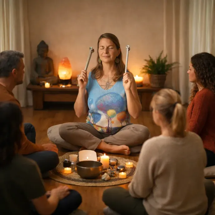 Un grupo se sienta en círculo para una sesión de sanación con sonido, con una persona sosteniendo diapasones