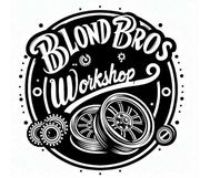 Logotipo de Blond Bros Workshop con ruedas de automóvil, engranajes y texto en un diseño circular.