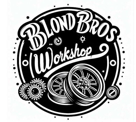 Logotipo de Blond Bros Workshop con ruedas de automóvil, engranajes y texto en un diseño circular.
