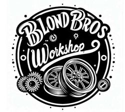 Logotipo de Blond Bros Workshop con ruedas de automóvil, engranajes y texto en un diseño circular.