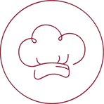 Kochmützensymbol in einem roten Kreis, Zeichenstil mit dünner Linie.
