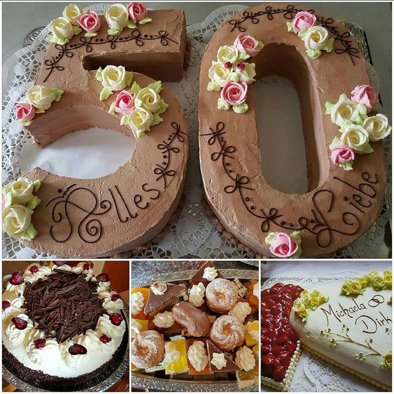 50. Geburtstagstorte in Form der Zahl 50, verziert mit Zuckergussblumen und dem Wort „Liebe“.