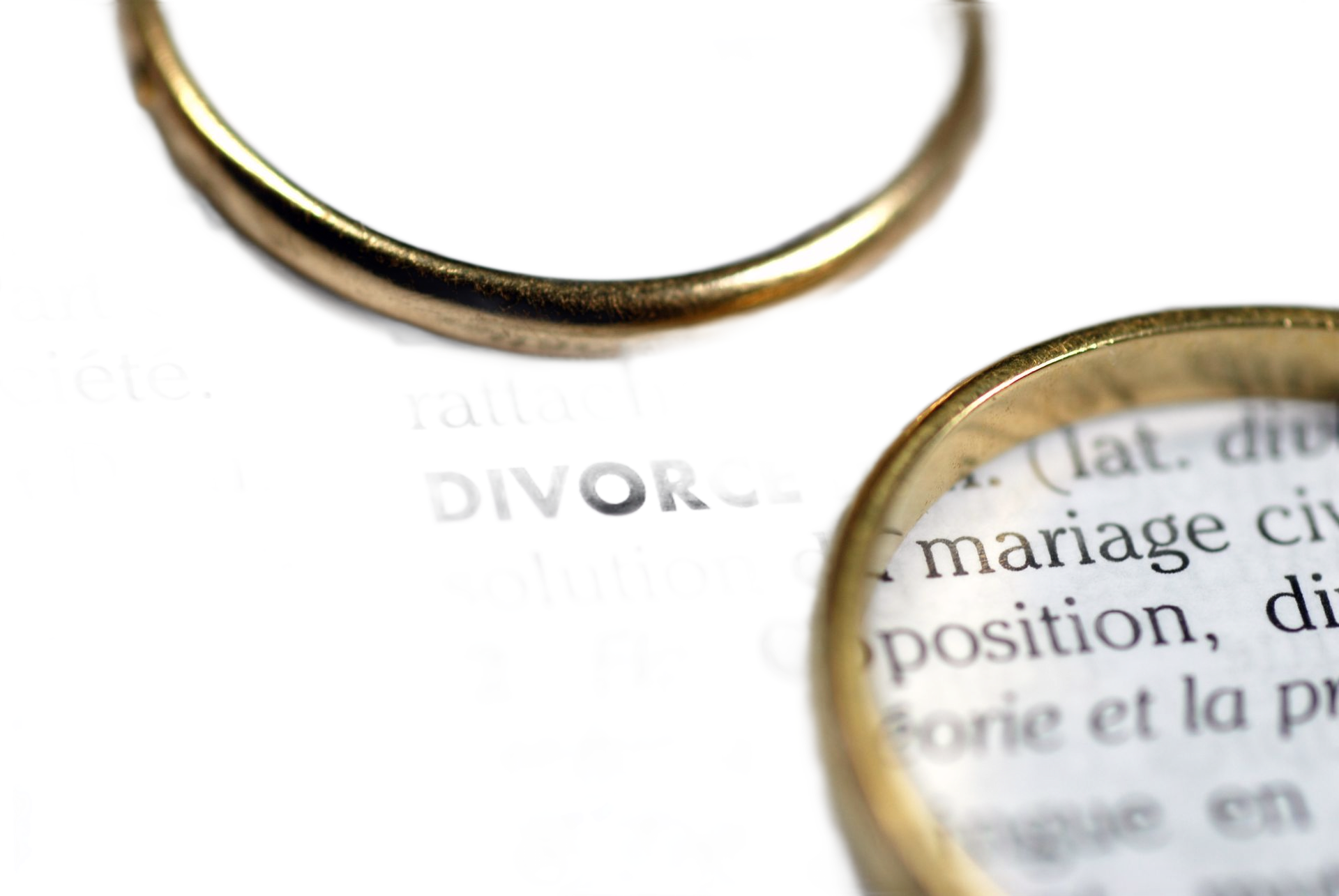 Deux alliances reposent sur une page de dictionnaire ouverte au mot DIVORCE.