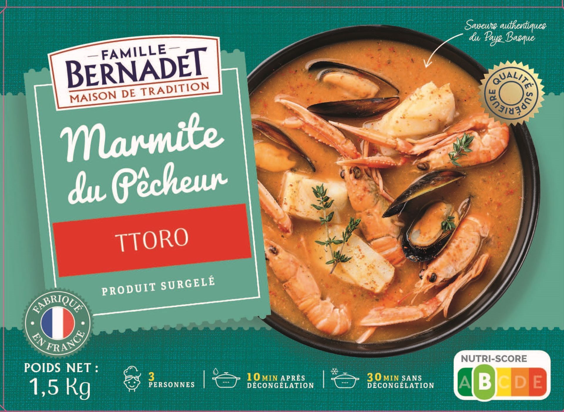 Un pot de soupe de poisson Famille Bernadet tioro aux fruits de mer dans un bouillon, sur une étiquette.